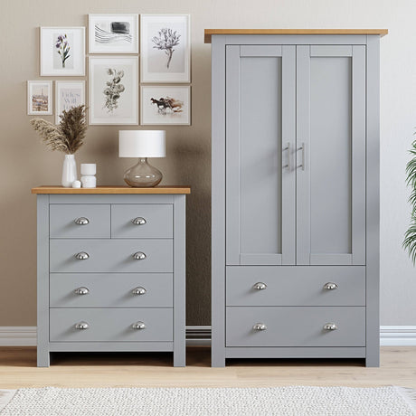 Bedroom wardrobes and chest of drawers with handles, offering stylish and functional storage.