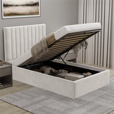 Beige upholstered bed with open storage compartment in a room setting.