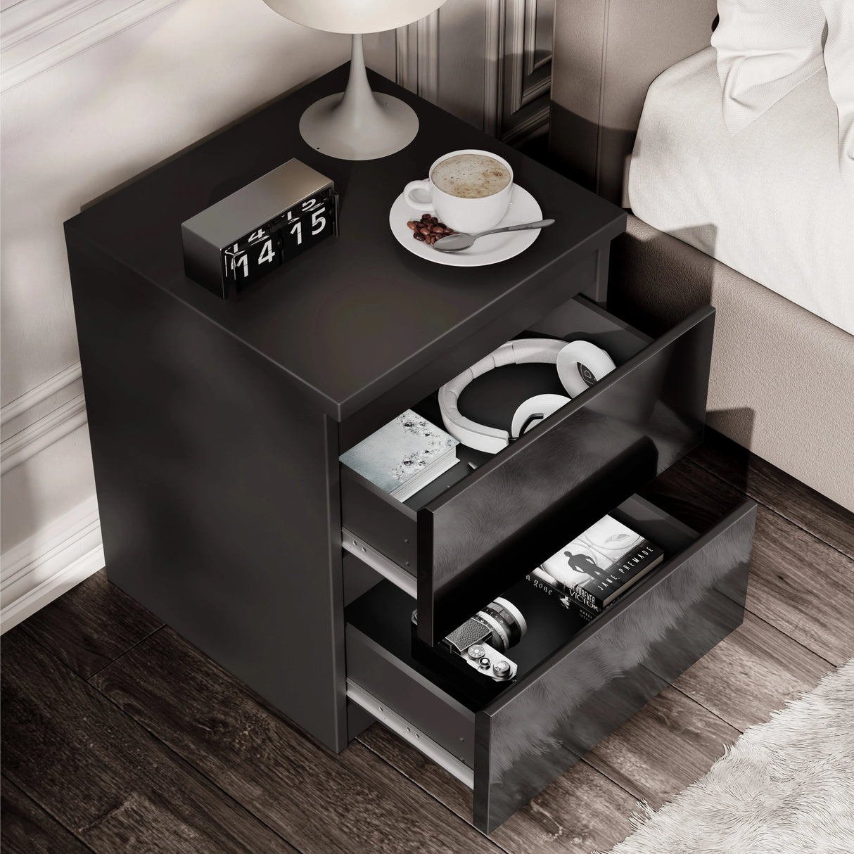 High Gloss 2 Drawer Bedside Table - Nightstand Drawers