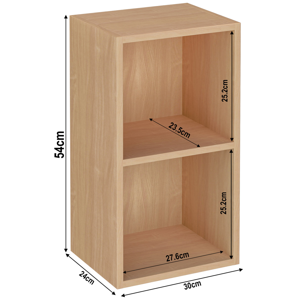measurement details for 2 tier beech child bookcase, height 54cm and width: 30cm. Shelf dimensions: height 25.2cm and 23.5cm