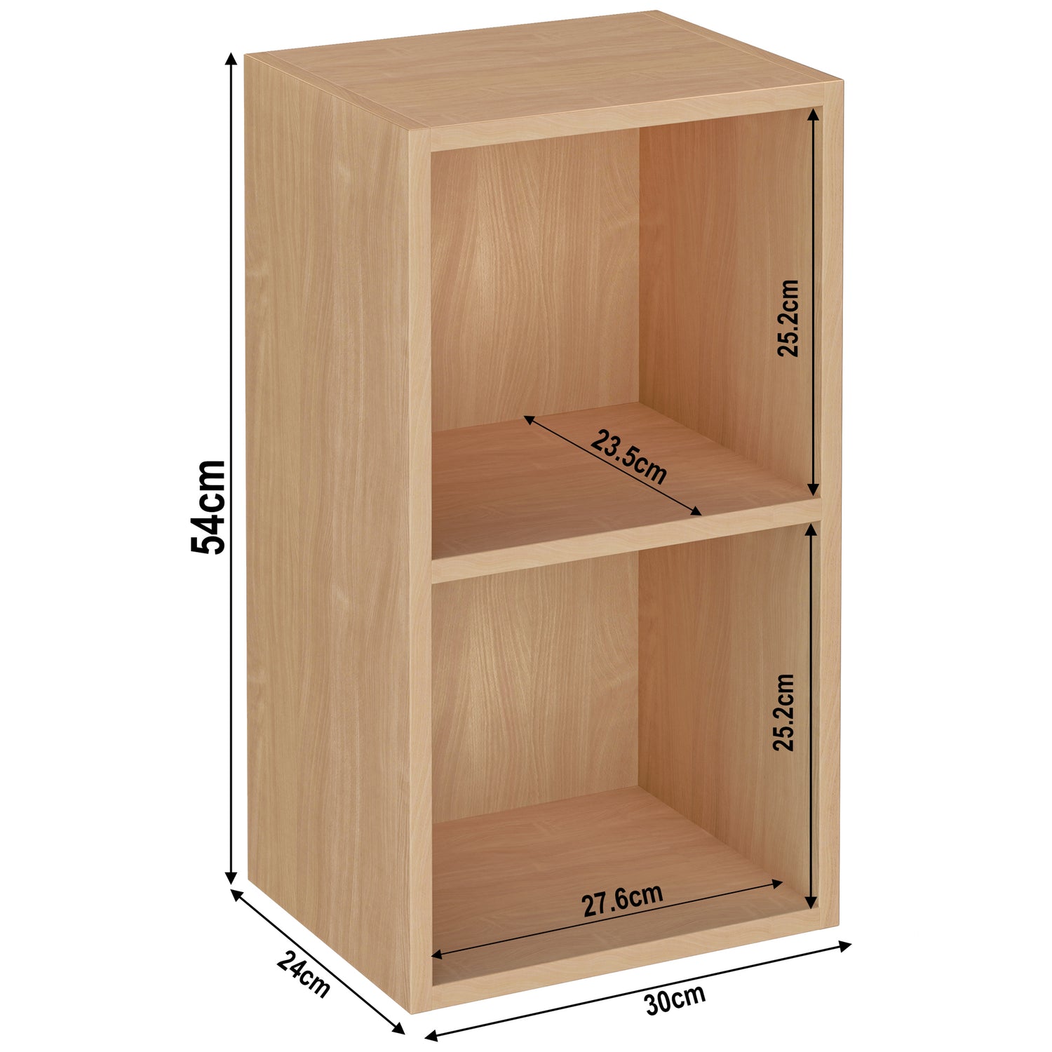 measurement details for 2 tier beech child bookcase, height 54cm and width: 30cm. Shelf dimensions: height 25.2cm and 23.5cm