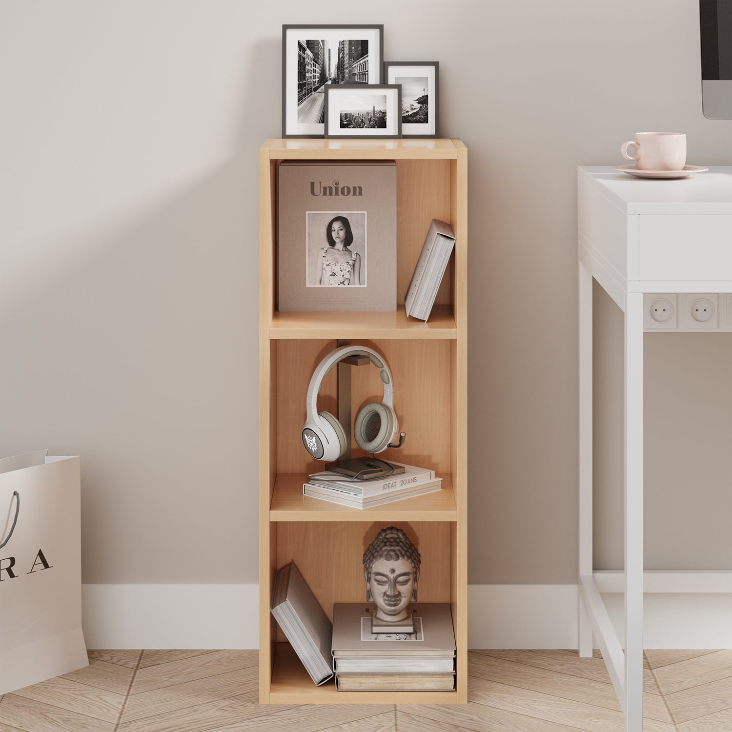 front view of beech narrow bookcase with books and decor, ideal for small rooms or apartments