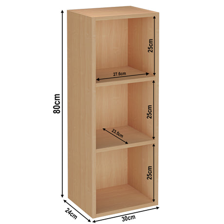 measurement of 3 tier beech narrow shelving unit, height 80cm and width 30cm. Shelf dimensions: height 25cm and depth 23.5cm