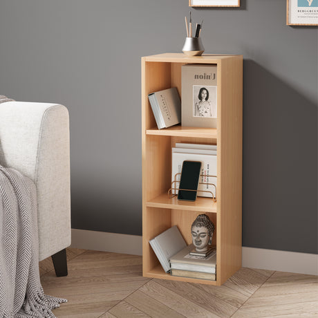 angled front view of beech 3 tier bookcase with books and art, perfect for stylish home storage