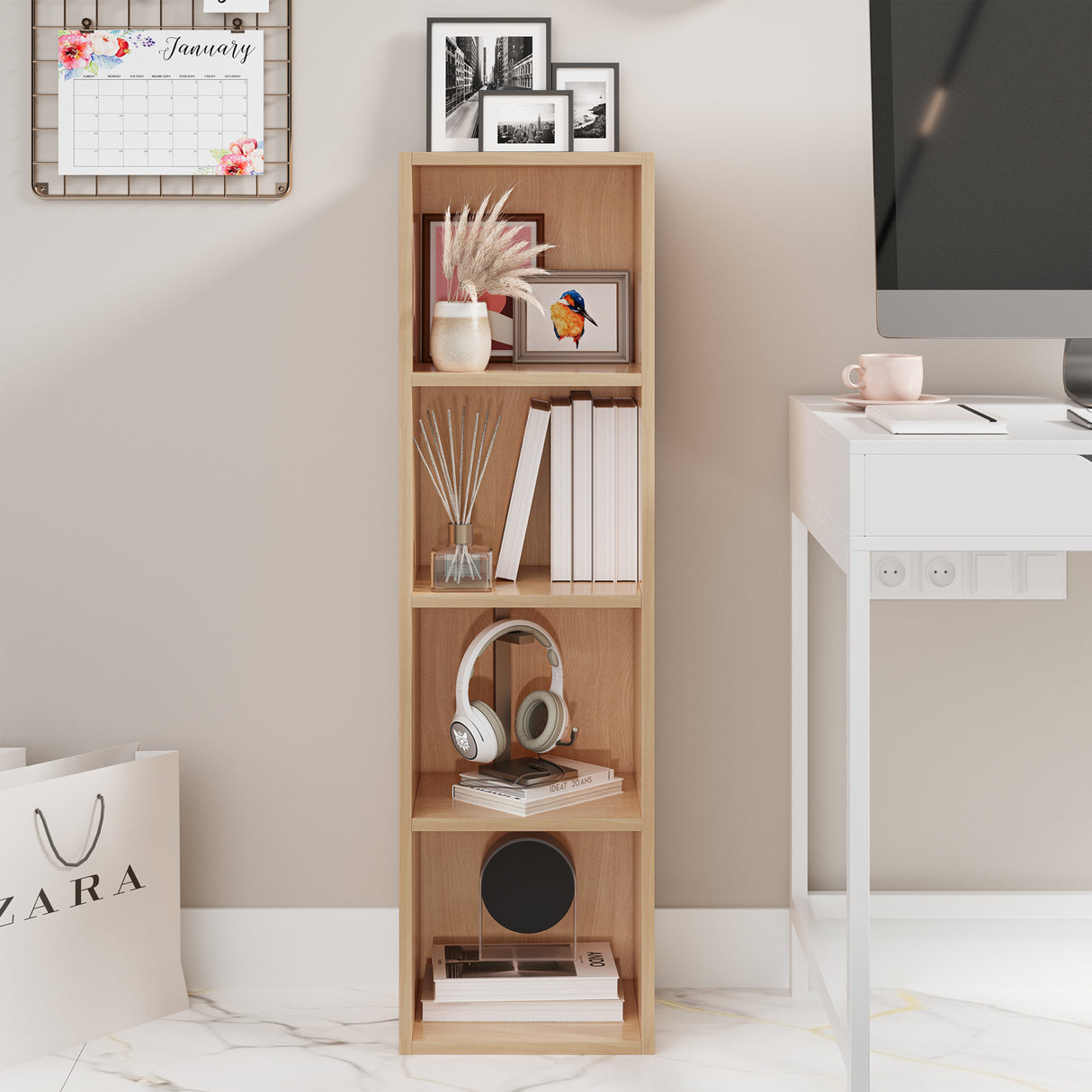 front view of beech slim bookcase neatly holding books and ornaments for small spaces