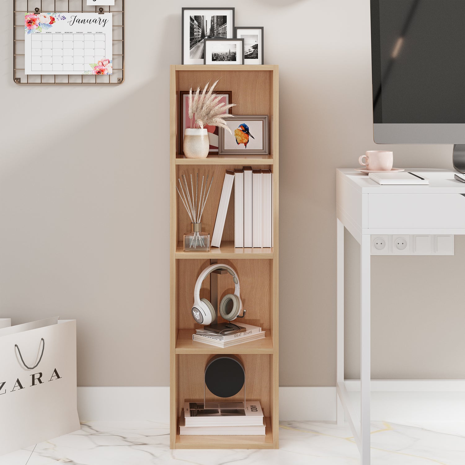 front view of beech slim bookcase neatly holding books and ornaments for small spaces