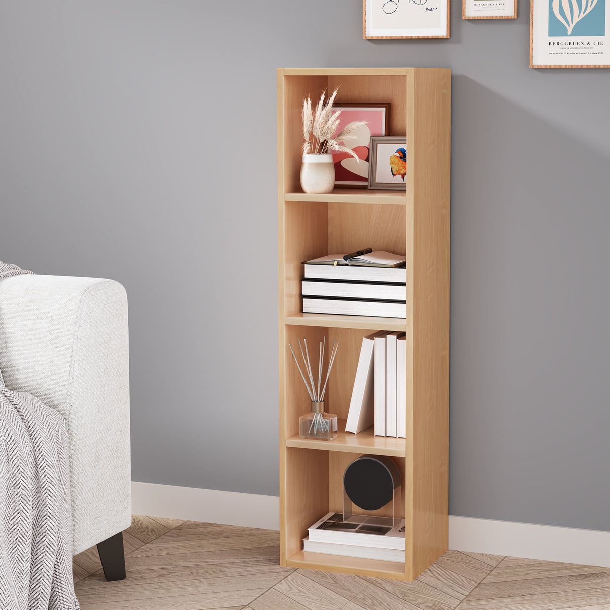 angled front view of 4 tier beech bookcase with books and decor, great for warm, natural interiors