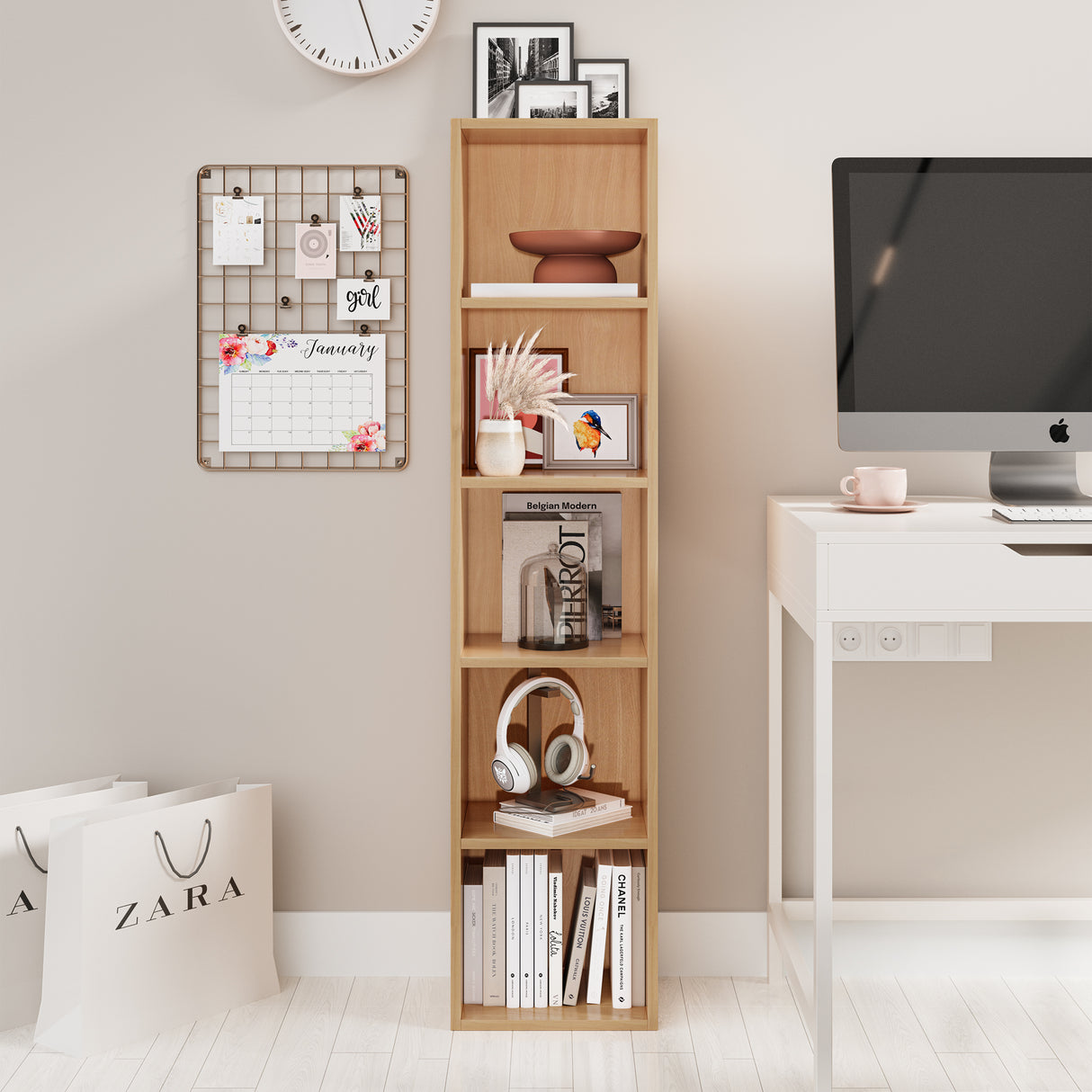 front view of beech narrow shelving unit organized with books and art for neat storage