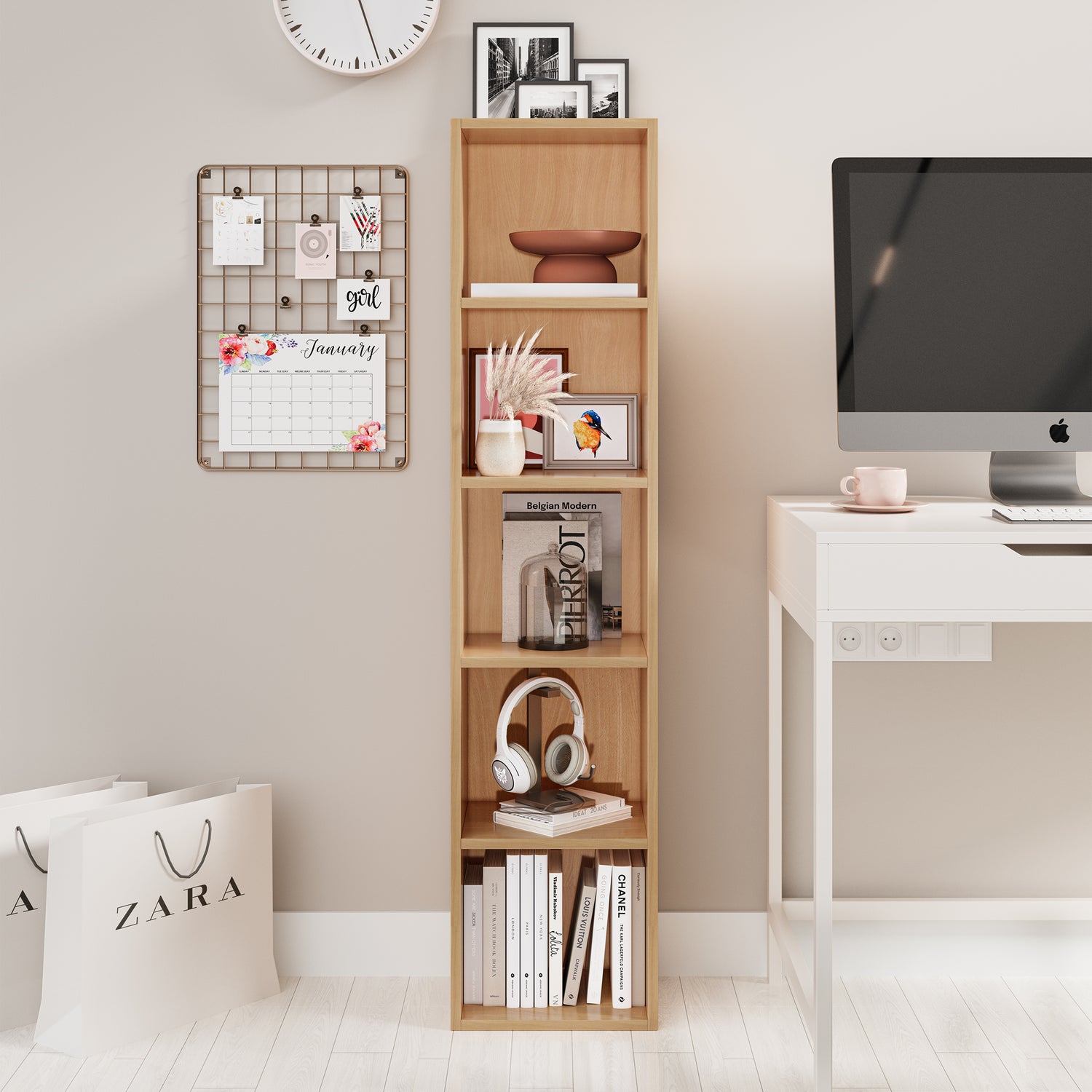 front view of beech narrow shelving unit organized with books and art for neat storage