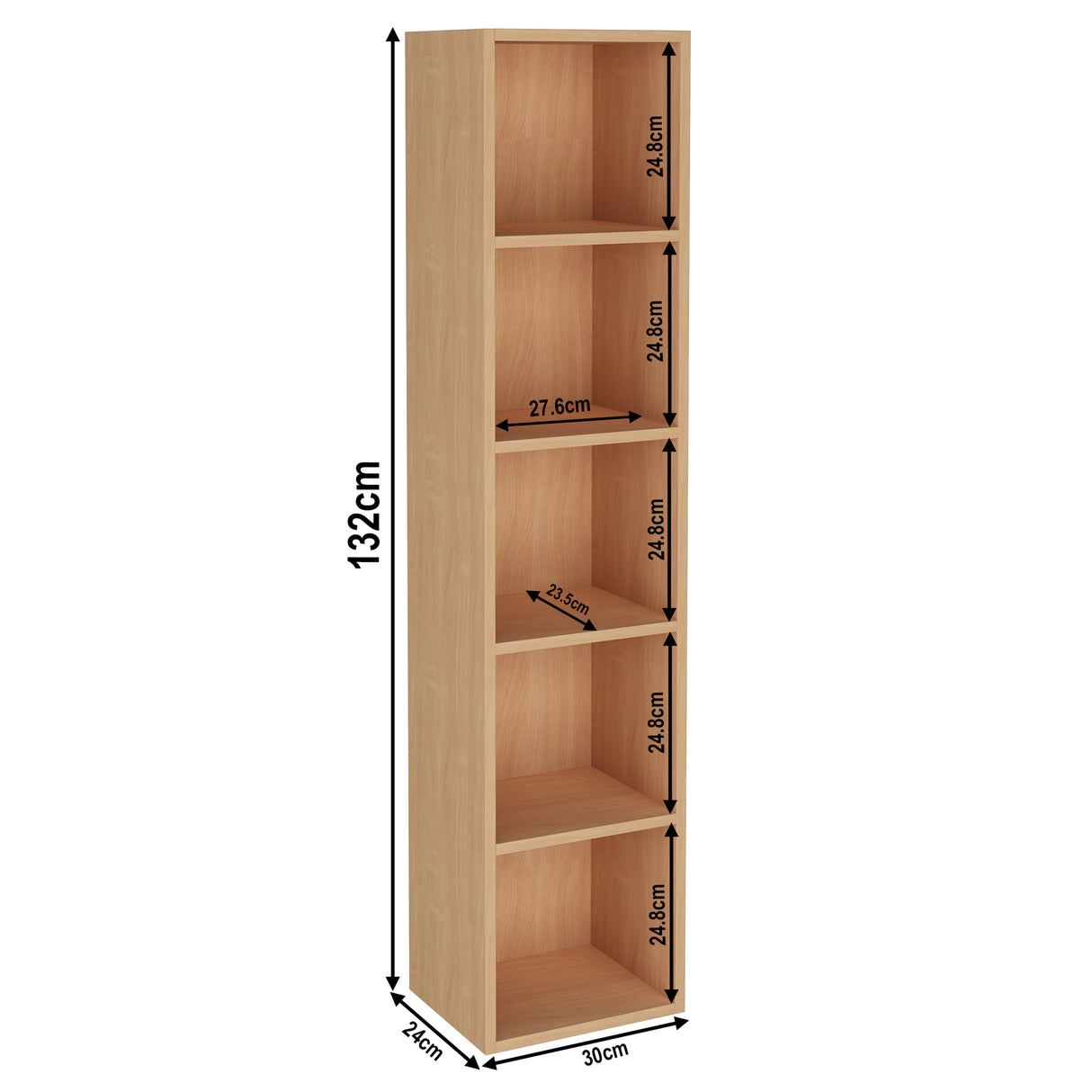 measurement of 5 tier beech narrow bookshelf, height 132cm and width 30cm. Shelf dimensions: height 25cm and depth 23.5cm