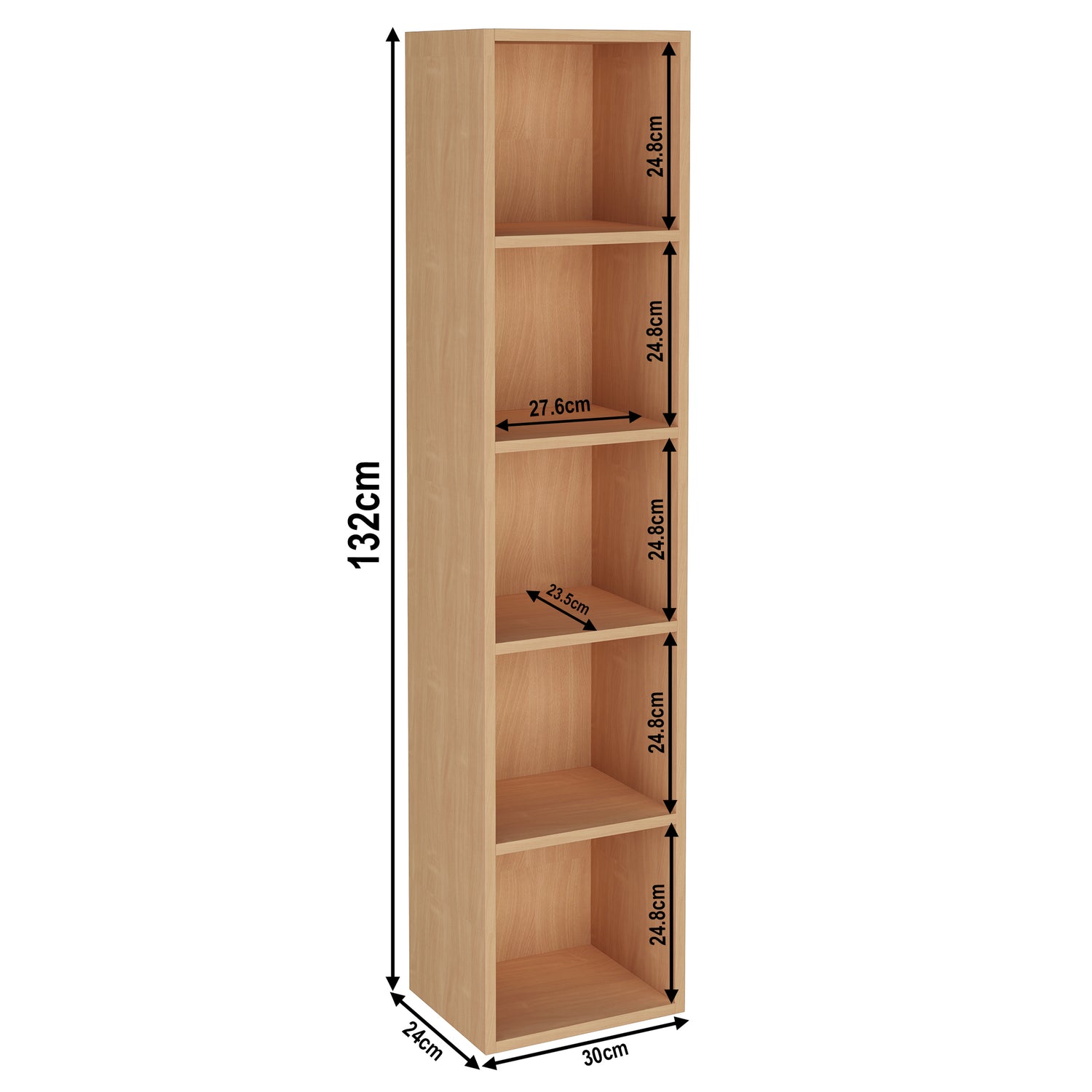 measurement of 5 tier beech narrow bookshelf, height 132cm and width 30cm. Shelf dimensions: height 25cm and depth 23.5cm