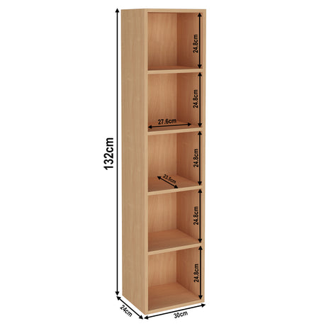 measurement of 5 tier beech narrow bookshelf, height 132cm and width 30cm. Shelf dimensions: height 25cm and depth 23.5cm