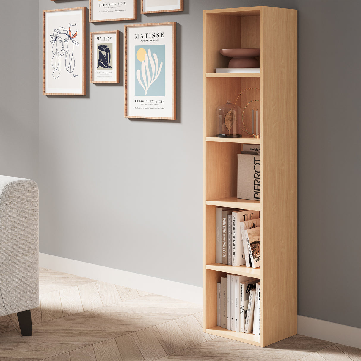 angled front view of 5 shelves beech narrow bookcase with books and decor, great for small living spaces