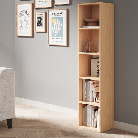 angled front view of 5 shelves beech narrow bookcase with books and decor, great for small living spaces