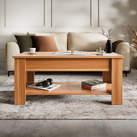Lift top coffee table with storage in beech finish, 100cm wide, placed in a modern living room with sofa and rug decor.