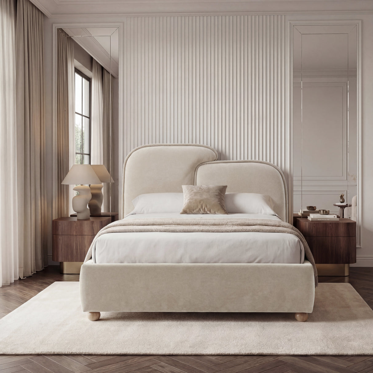 Front view of beige double bed frame with padded backrest, low-profile base, and evenly dressed mattress