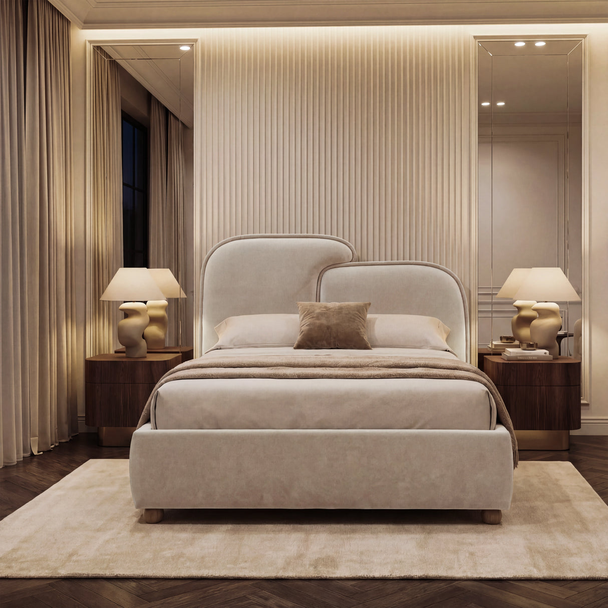 Front view of beige fabric double bed frame highlighting rounded corners in warm and ambient light