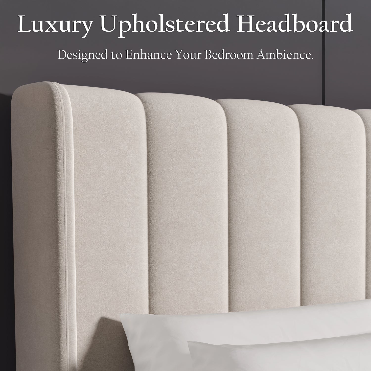 Vertical Line Velvet Upholstered Bed Frame in beige with channel tufted headboard, ideal for double or king size beds in modern bedrooms.