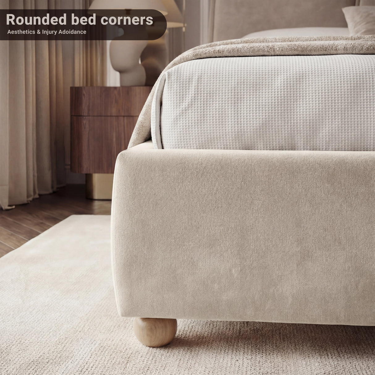 Close view of the fabric-wrapped lower section showing rounded edges and beige fabric in king size bed frame