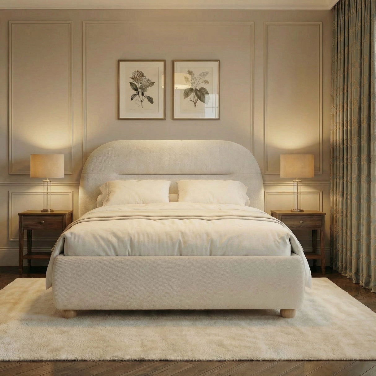 Full view of the beige upholstered king bed frame, showcasing its clean and modern design