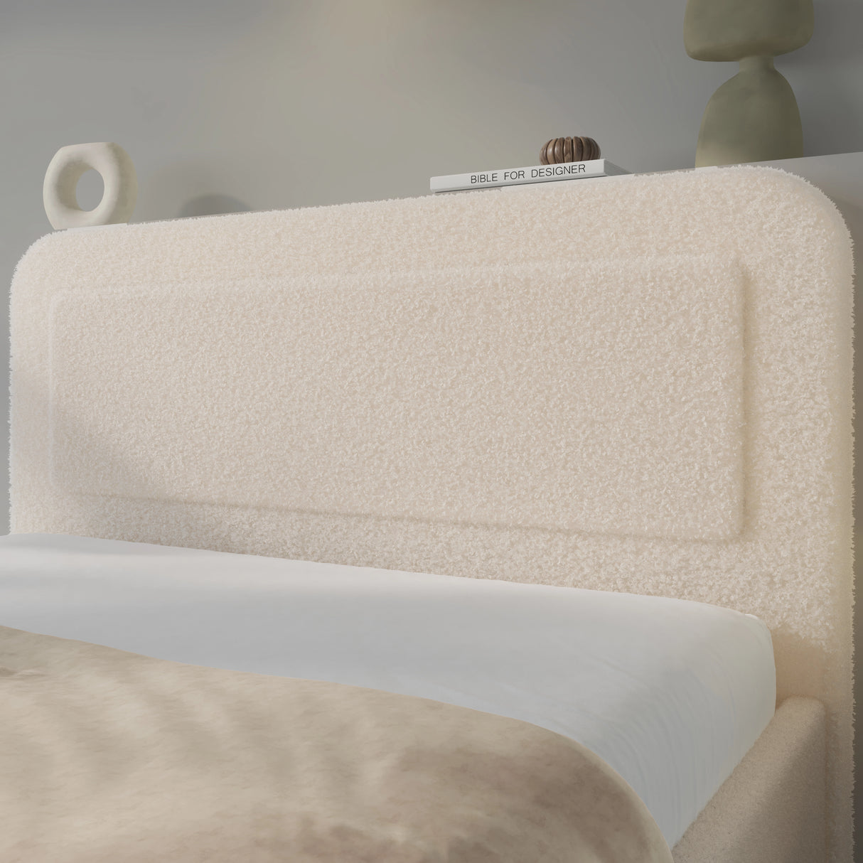 Close-up of a textured beige headboard with a soft finish.