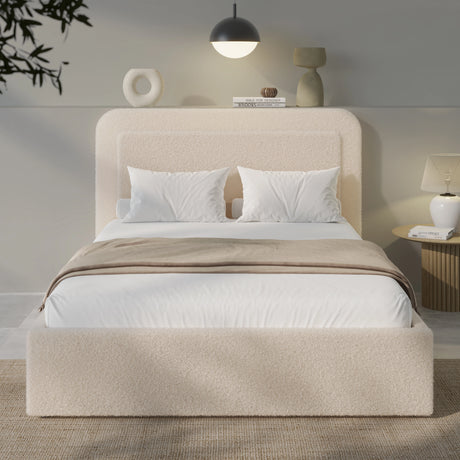 Beige upholstered bed with white bedding in a modern bedroom setting.