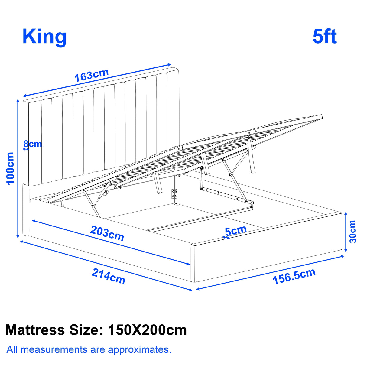 Diagram of a bed frame with dimensions labeled, showing a King size mattress.