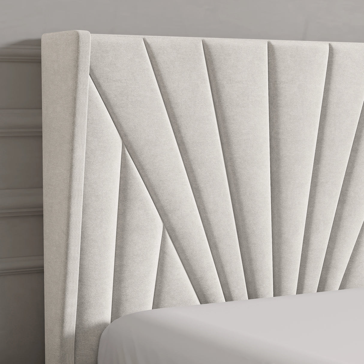 Sunrise-style Velvet Ottoman Bed Frame in beige with vertical panel tufting. Elegant headboard design for modern bedroom furniture with hidden storage.