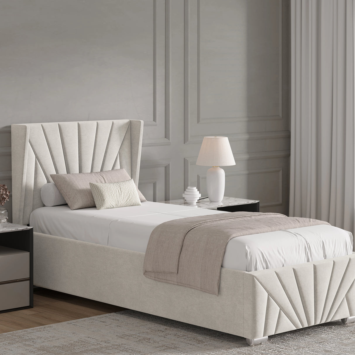 Velvet Ottoman Storage Bed | Sunrise Ottoman Bed Frame in beige single size with winged headboard and footboard, ideal for modern bedrooms with storage needs.