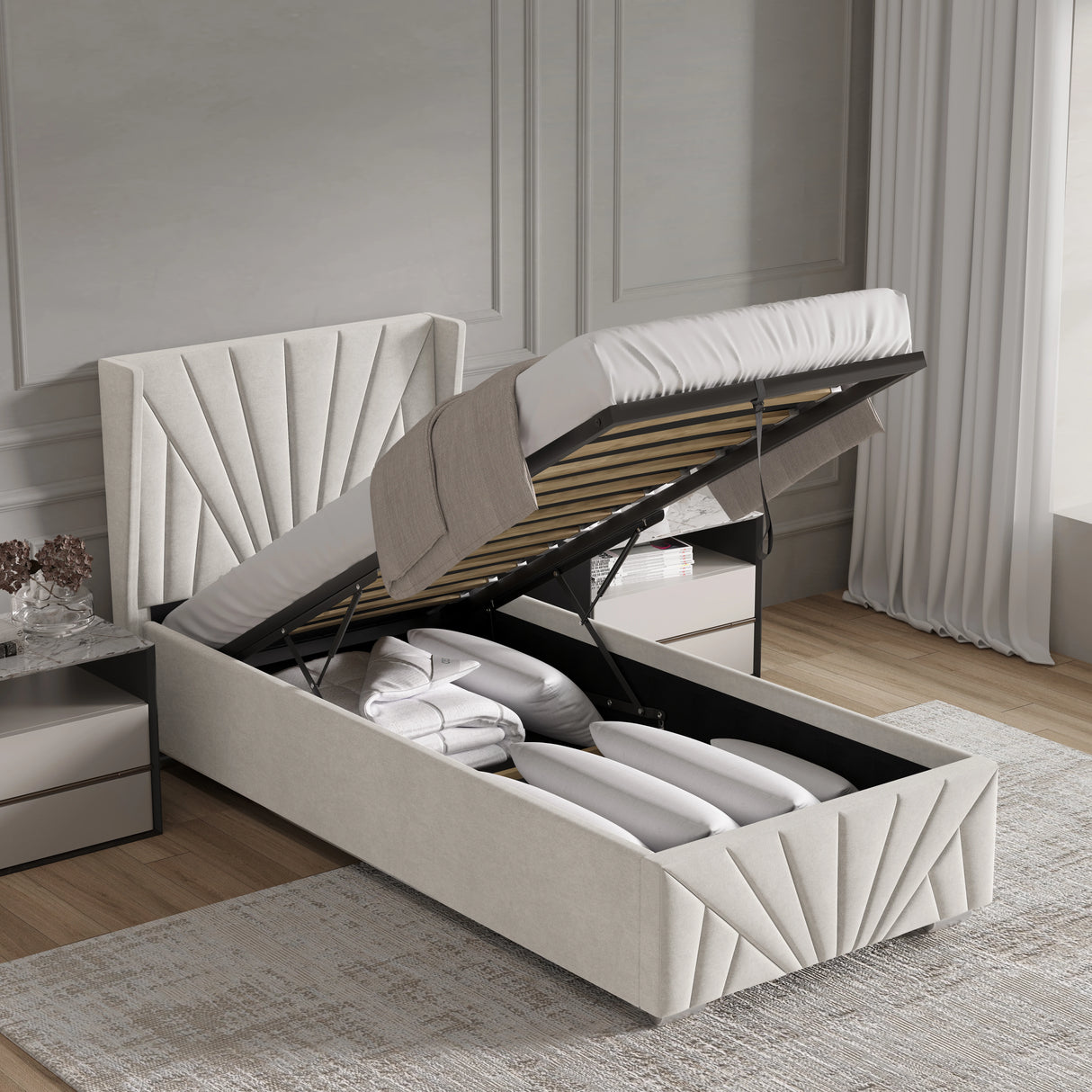 Velvet Ottoman Storage Bed in beige with Sunrise-style headboard and footboard, shown open to reveal under-bed storage with bedding inside.