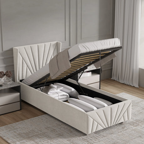 Velvet Ottoman Storage Bed in beige with Sunrise-style headboard and footboard, shown open to reveal under-bed storage with bedding inside.