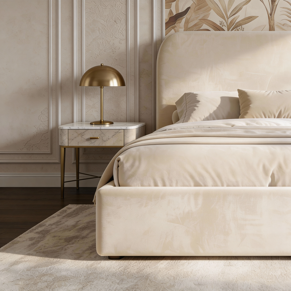 Side angle view of beige velvet double ottoman bed showing upholstered base, padded headboard and low frame