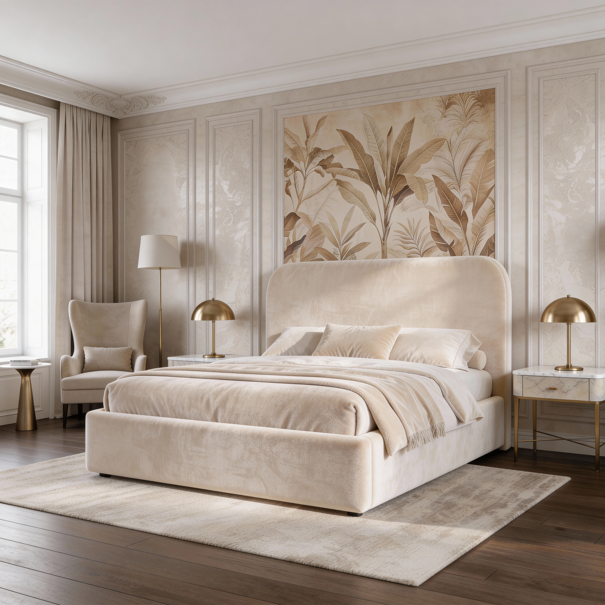 Angled room view of beige velvet double ottoman bed highlighting soft upholstery and supportive frame design