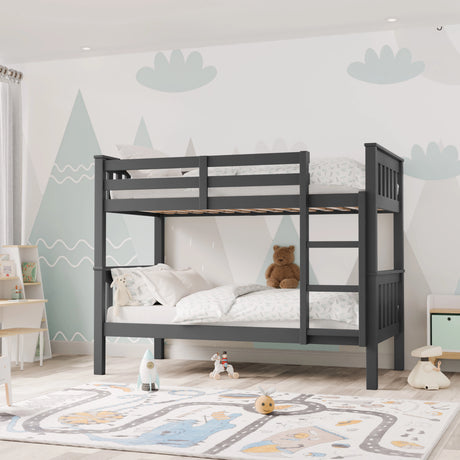 Slight angled front view of dark grey double bed bunk bed frame showing wooden rails and strudy wooden bed for kids
