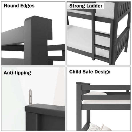 Safety feature of grey double bunk bed for adults and kids, with guardrails, anti-tipping, ladder, and rounded ladder edges