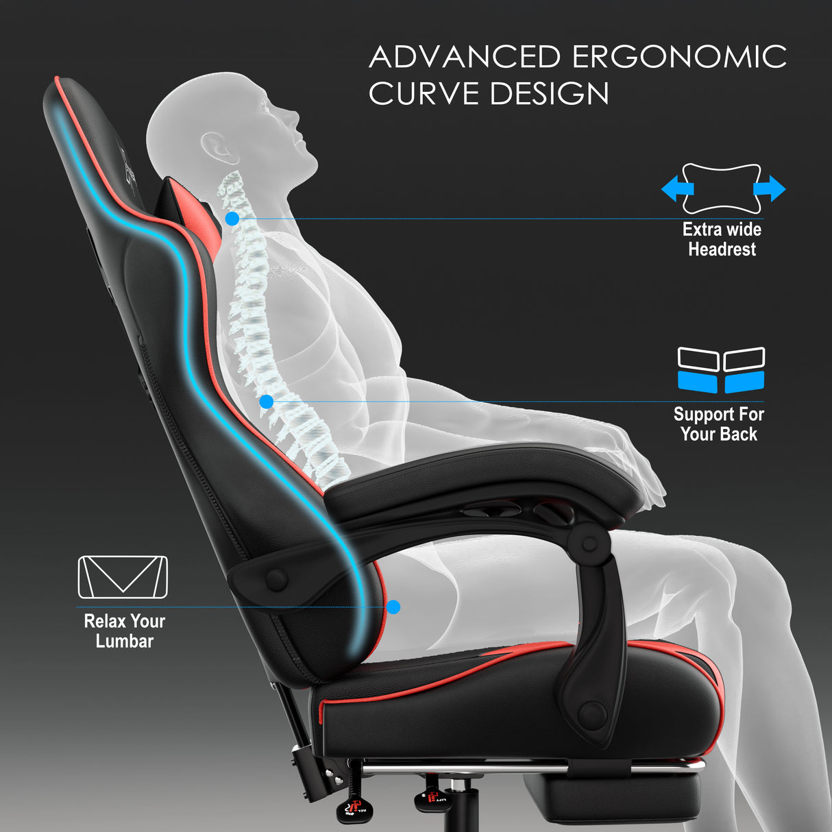 Xstriker Gaming Chair With Footrest featuring advanced ergonomic curve design, extra wide headrest, lumbar support, and reclining backrest for comfort.