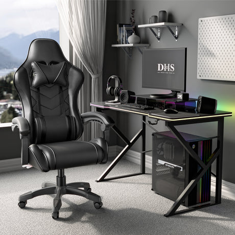 Ergonomic gaming chair with lumbar support and padded armrest in black leather finish, placed beside a modern gaming desk setup in a home office.
