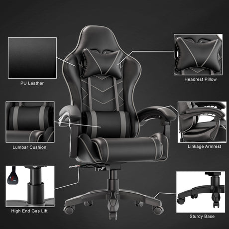 Ergonomic Home Office Chair with lumbar support, padded armrest, PU leather, headrest pillow, and sturdy base. Ideal for long gaming or office sessions.
