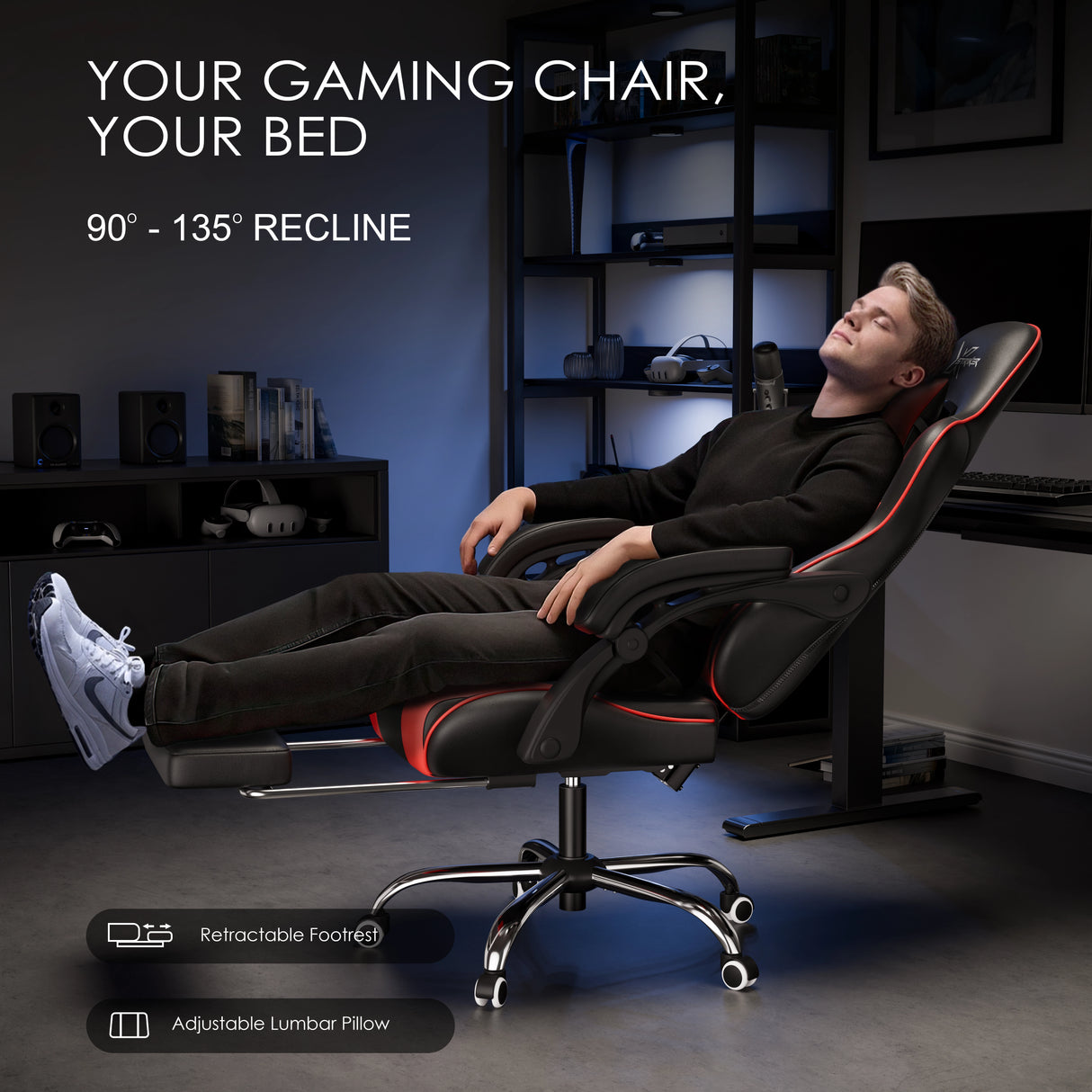 Xstriker recliner gaming chair reclined at 135° in a home office setup, featuring ergonomic design, adjustable lumbar pillow, and retractable footrest.