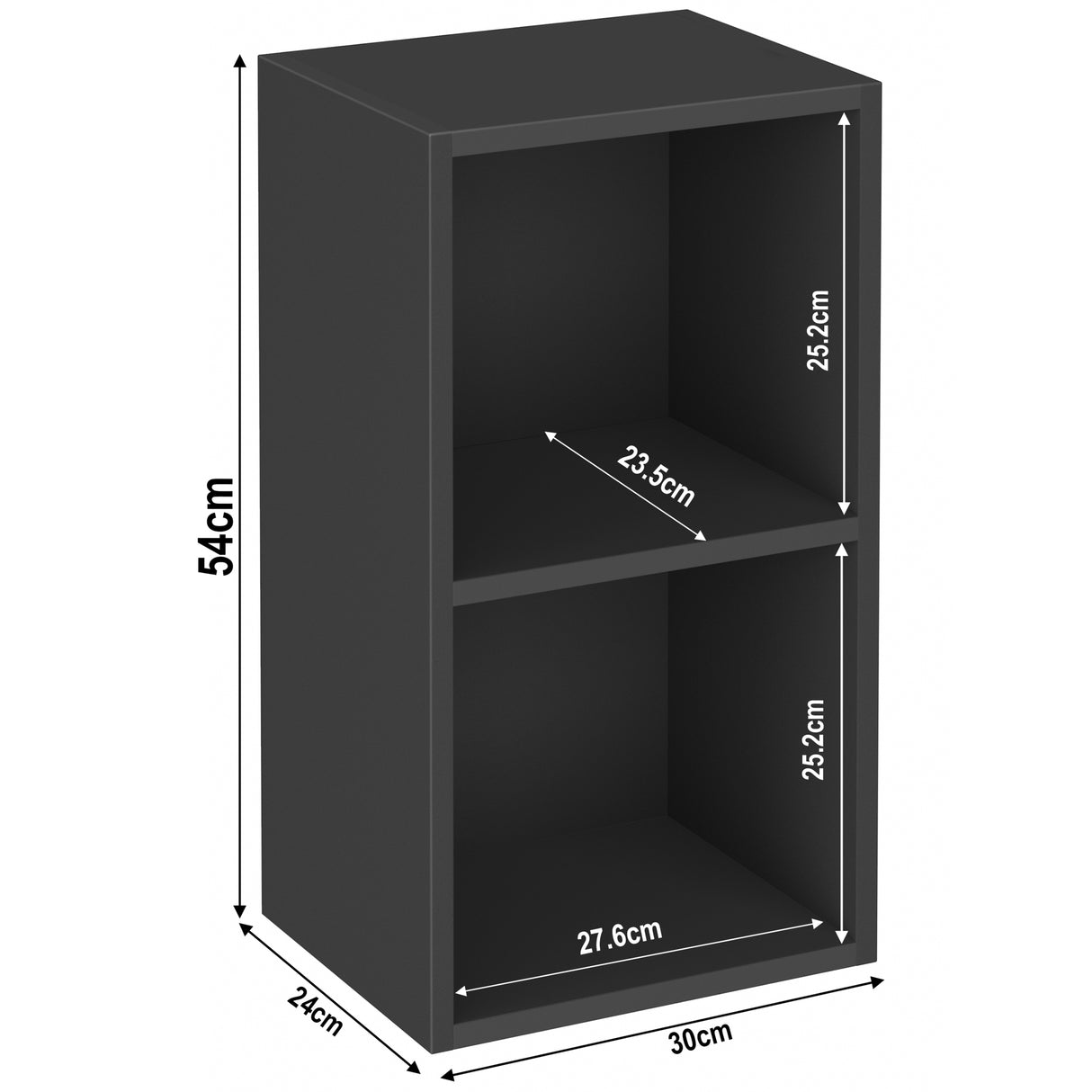 black 2 shelves small bookcase dimensions: height 54 cm and width: 30 cm. Shelf dimensions: height 25.2 cm and 23.5 cm.