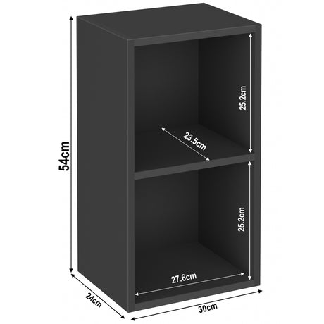 black 2 shelves small bookcase dimensions: height 54 cm and width: 30 cm. Shelf dimensions: height 25.2 cm and 23.5 cm.