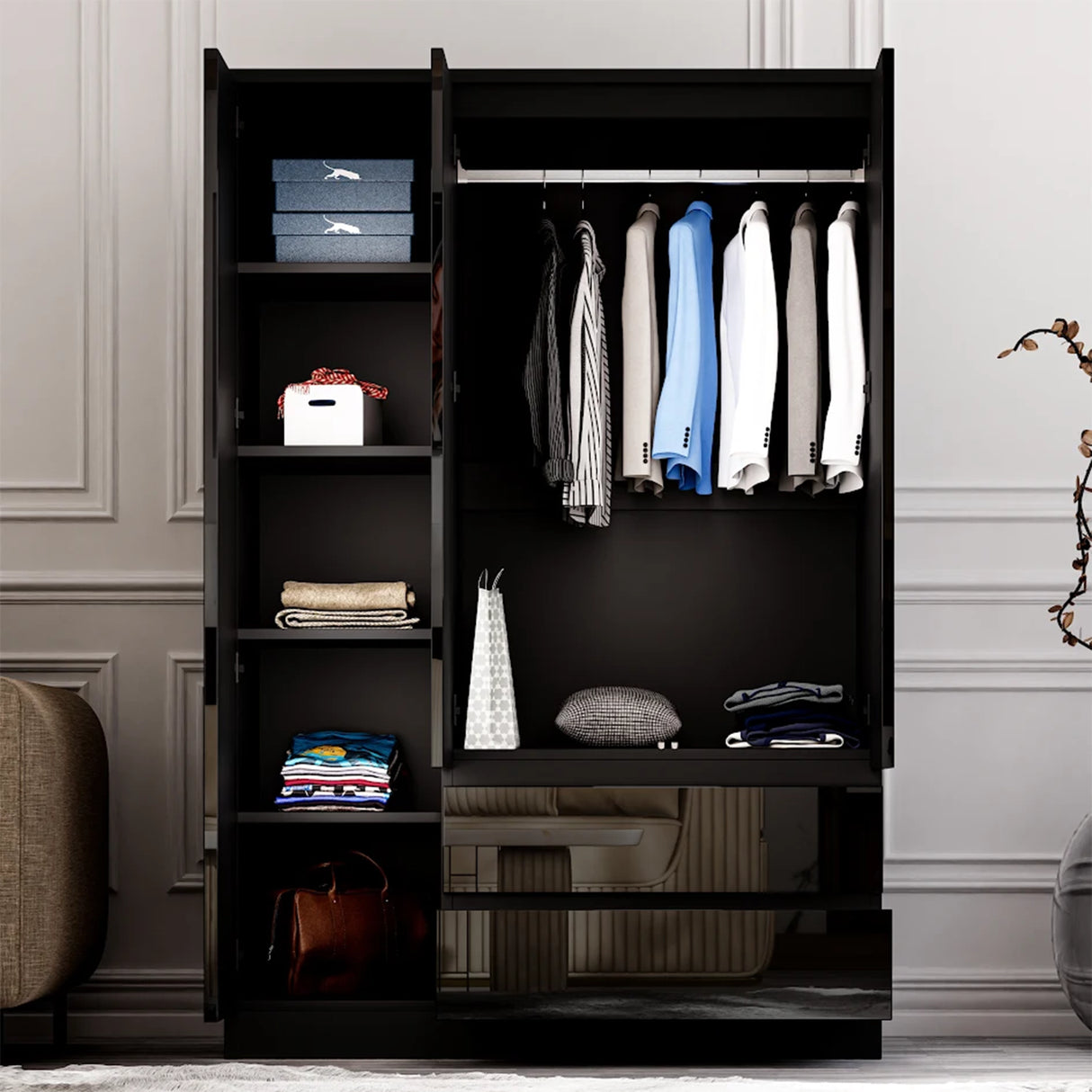 interior layout of black 3 door wardrobe with shelves showing storage capacity of drawers, shelves and hanging rails