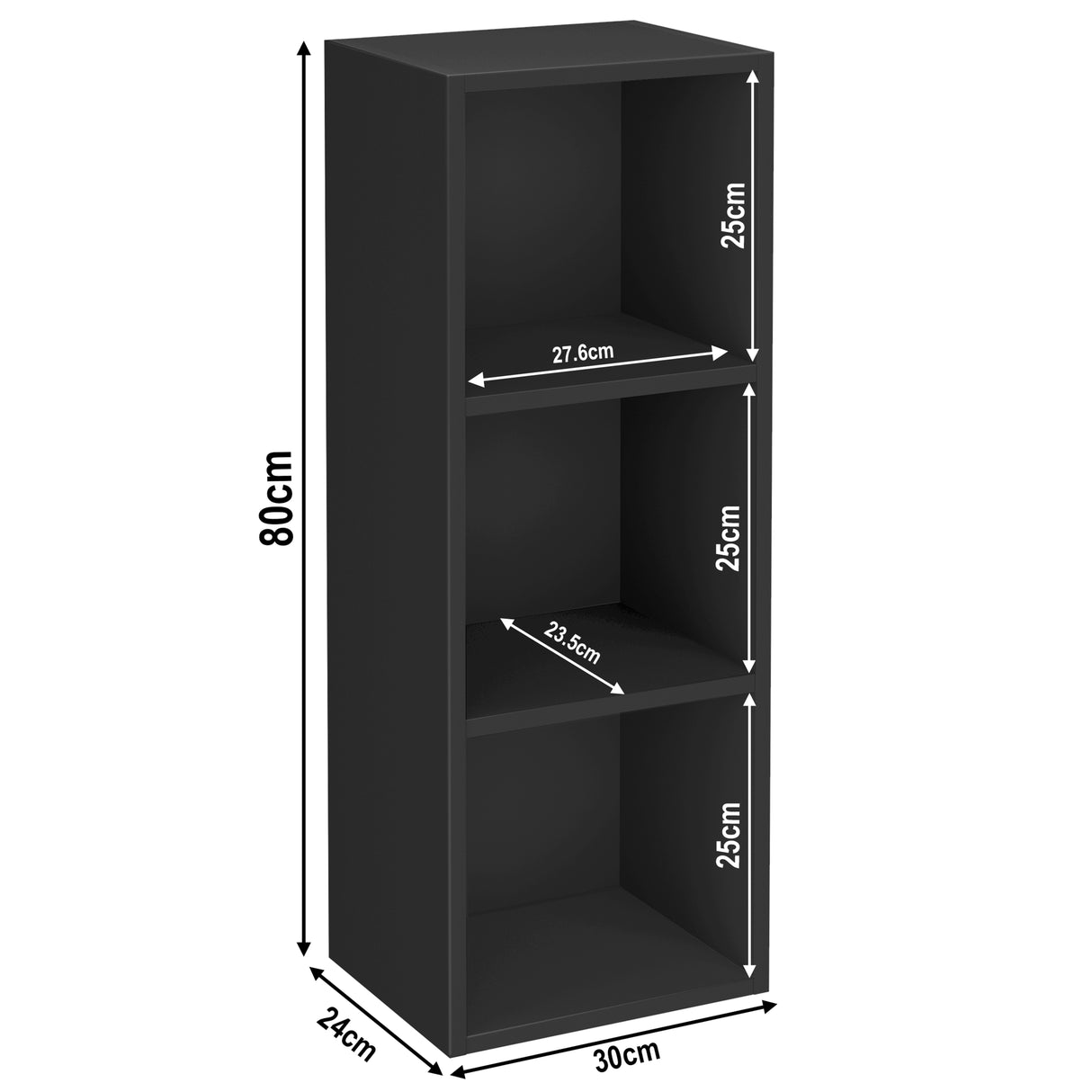 measurements of 3 tier black cube shelving unit, height 80cm and width 30cm. Shelf dimensions: height 25cm and depth 23.5cm