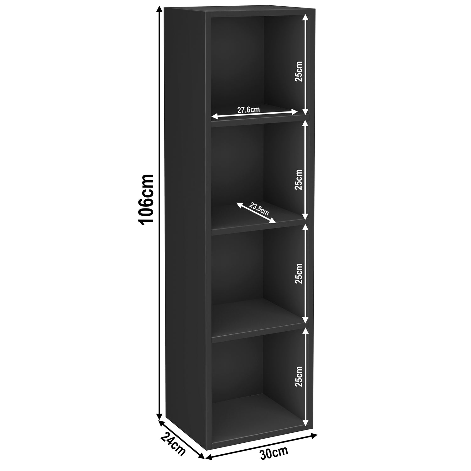 4 tier black narrow bookshelf dimensions height 106cm and width 30cm. Shelf dimensions: height 25cm and depth 23.5cm