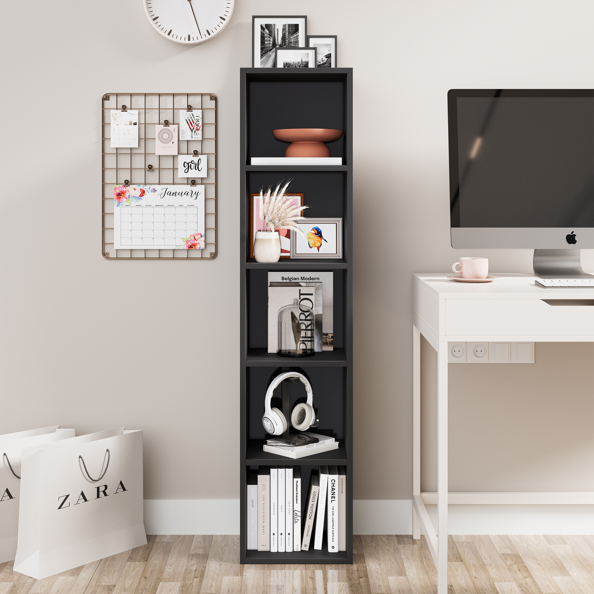 front view of black ultra slim bookcase with books and ornaments, ideal for narrow spaces