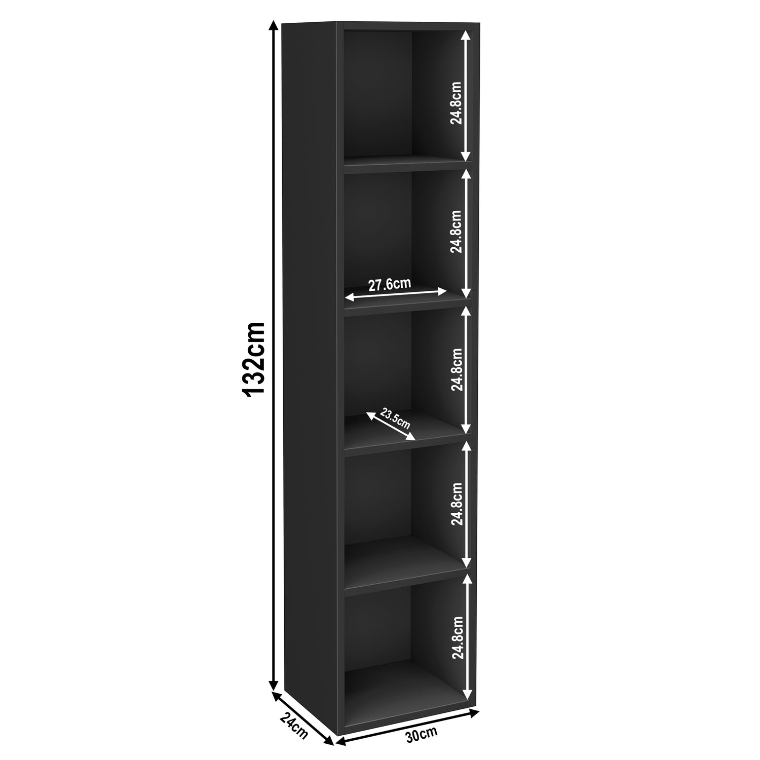 measurement of 5 tier black freestanding bookcase, height 132cm and width 30cm. Shelf dimensions: height 25cm and depth 23.5cm