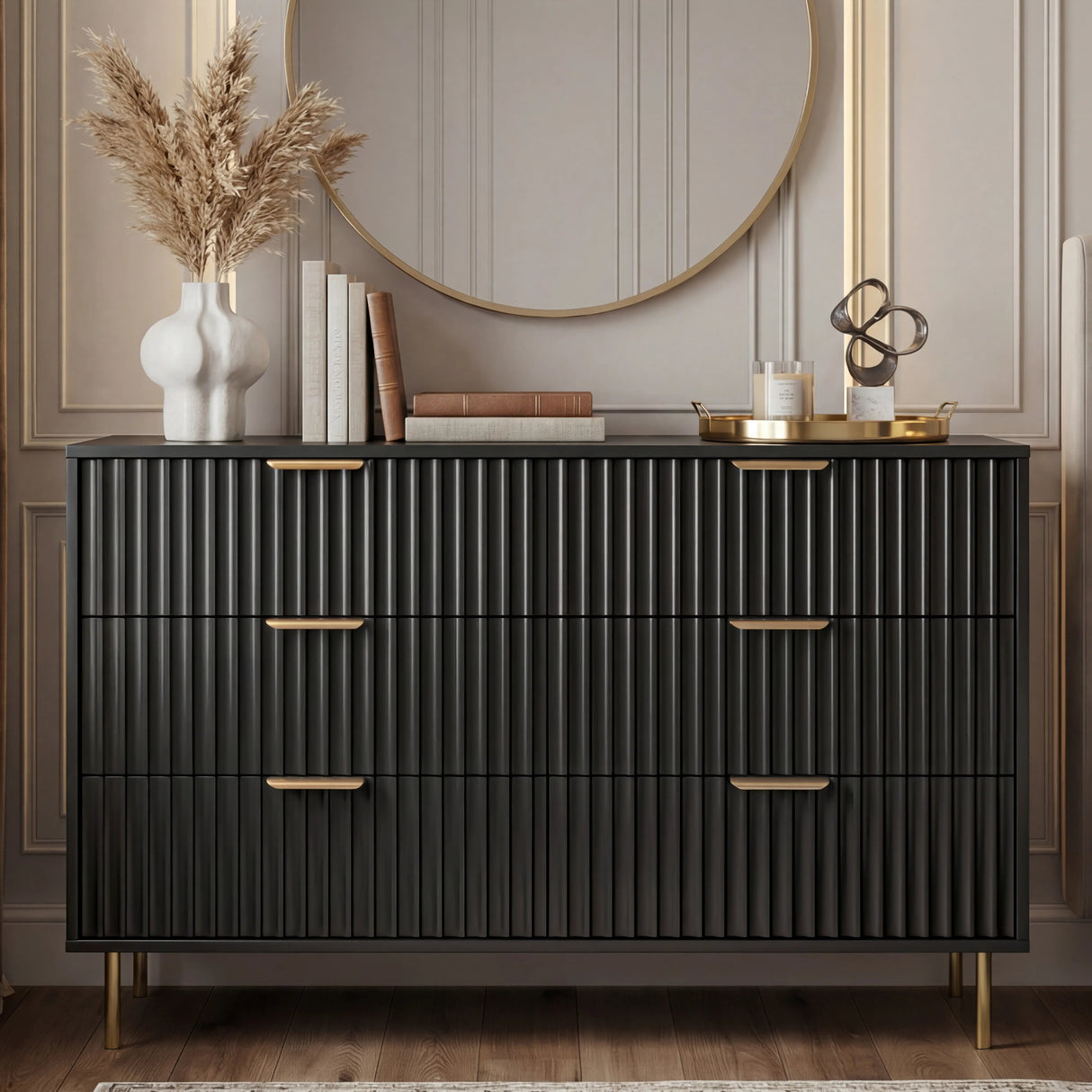 Front elevation of black 6 drawer chest with flutrina drawer fronts, golden handles and legs