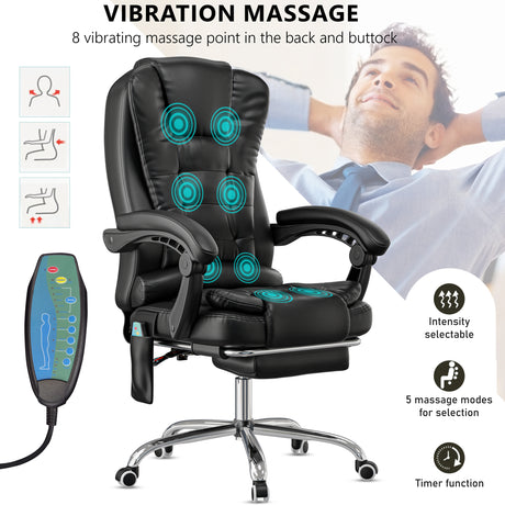 black office chair with 8-point massage graphic and close-up of remote for adjusting massage settings and duration