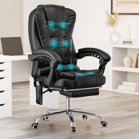 8-point massage office chair in black PU leather featuring a remote control and sleek design for professional office comfort