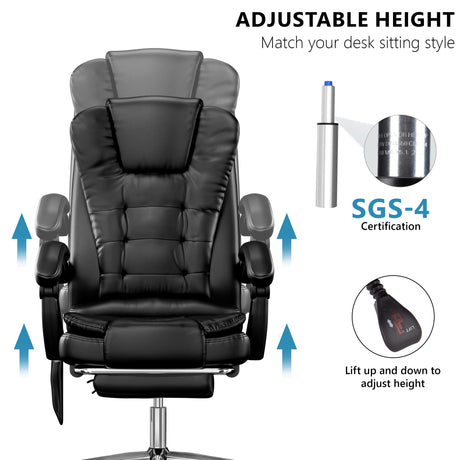 vibrating desk chair in black PU leather with arrows showing height adjustability and close-up of piston and knob control